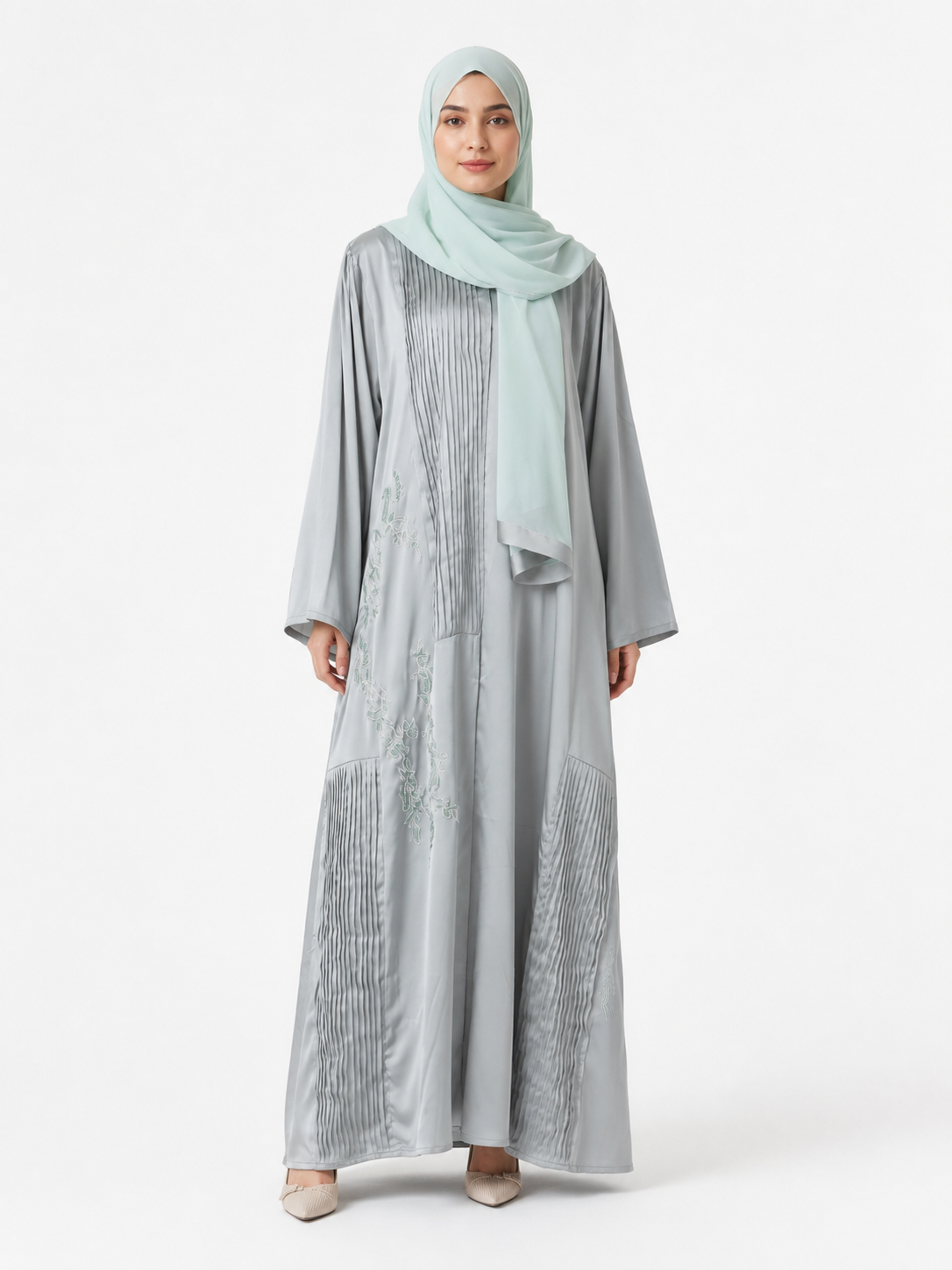 Silver Grey Pintuck Panel Front Open Abaya